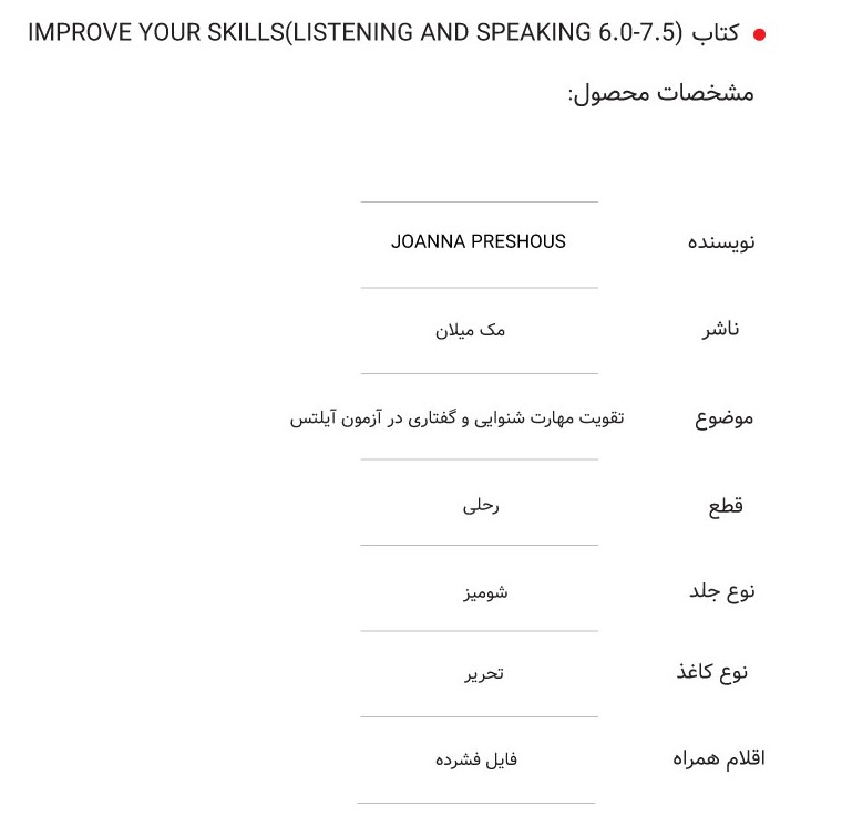 جدول-مشخصات-IMPROVE-YOUR-SKILLS-LISTENING-AND-SPEAKING-6.0-7.5