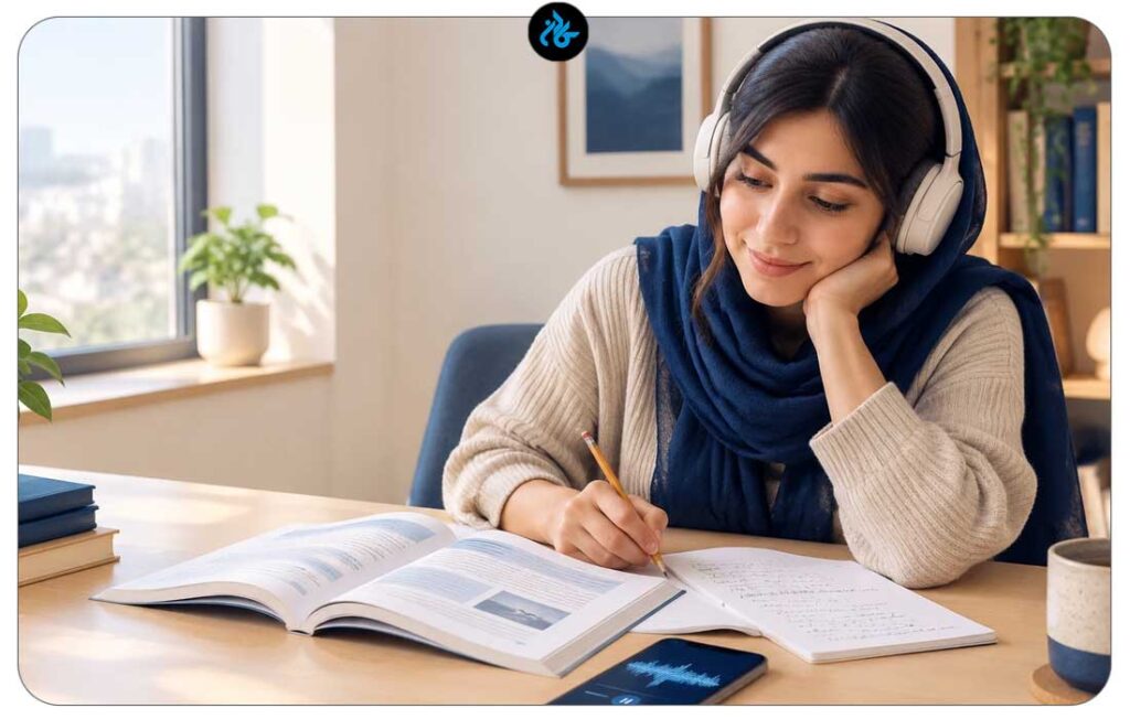 پیشنهادی: زبانآموز در حال تمرین با کتاب لیسنینگ انگلیسی و فایل صوتی
